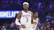Oct 9, 2025; Oklahoma City, Oklahoma, USA; Oklahoma City Thunder guard Shai Gilgeous-Alexander (2) runs down the court during a play in the second quarter of a game between the Charlotte Hornets and the Oklahoma City Thunder at Paycom Center.
