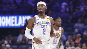 Oct 9, 2025; Oklahoma City, Oklahoma, USA; Oklahoma City Thunder guard Shai Gilgeous-Alexander (2) runs down the court during a play in the second quarter of a game between the Charlotte Hornets and the Oklahoma City Thunder at Paycom Center. Mandatory Credit: Alonzo Adams-Imagn Images