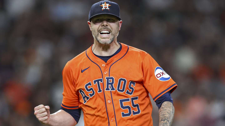 Aug 2, 2024; Houston, Texas, USA; Houston Astros relief pitcher Ryan Pressly (55) reacts after getting an out during the eighth inning against the Tampa Bay Rays at Minute Maid Park