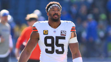 Oct 29, 2023; Seattle, Washington, USA; Cleveland Browns defensive end Myles Garrett (95) during warmups prior to the game against the Seattle Seahawks at Lumen Field. Mandatory Credit: Steven Bisig-Imagn Images