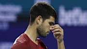 Carlos Alcaraz reacts to a play at the Miami Open.