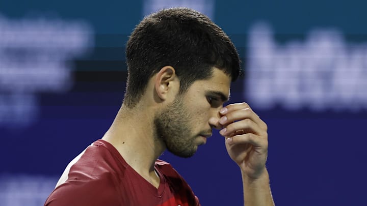 Carlos Alcaraz reacts to a play at the Miami Open. Carlos Alcaraz reacts to a play at the Miami Open.
