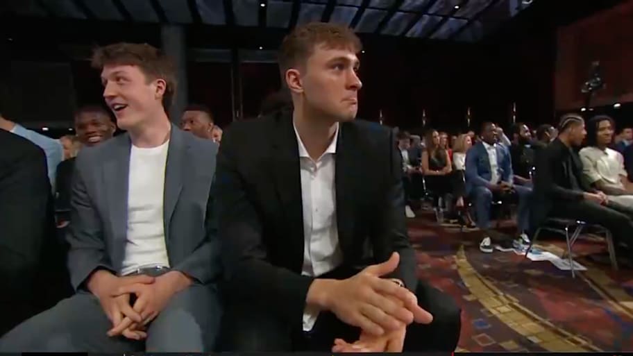 Cooper Flagg claps as the Dallas Mavericks land the No. 1 pick in the NBA Draft lottery. | ESPN broadcast.