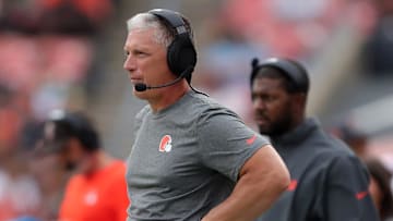 Cleveland Browns defensive coordinator Jim Schwartz watches during the second half of an NFL preseason football game at Cleveland Browns Stadium, Saturday, Aug. 10, 2024, in Cleveland, Ohio.