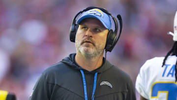 Nov 27, 2022; Glendale, AZ, USA; Los Angeles Chargers run game coordinator Jay Rodgers against the Arizona Cardinals at State Farm Stadium. Mandatory Credit: Mark J. Rebilas-Imagn Images