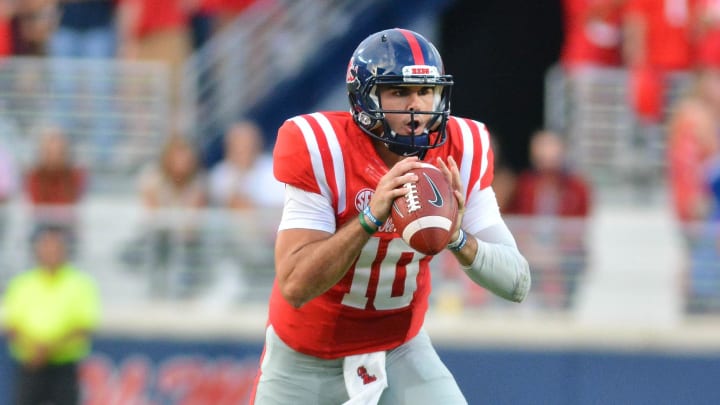 Oct 1, 2016; Oxford, MS, USA;  Mississippi Rebels quarterback Chad Kelly (10) in action during the game against the Memphis Tigers at Vaught-Hemingway Stadium.Mississippi won 48-28. Mandatory Credit: Matt Bush-USA TODAY Sports