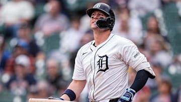 Detroit Tigers first base Spencer Torkelson (20) reacts after struck out against Atlanta Braves during the eighth inning at Comerica Park in Detroit on Sunday, Sept. 21, 2025.