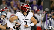 Nov 23, 2024; Manhattan, Kansas, USA; Cincinnati Bearcats quarterback Brendan Sorsby (2) drops back to pass during the fourth quarter against the Kansas State Wildcats at Bill Snyder Family Football Stadium. Mandatory Credit: Scott Sewell-Imagn Images