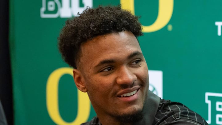 Oregon tight end Kenyon Sadiq talks with reporters during Oregon football’s Media Day on July 28, 2025, at Autzen Stadium in Eugene.