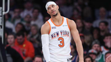 Feb 8, 2025; New York, New York, USA;  New York Knicks guard Josh Hart (3) reacts after a turnover in the third quarter against the Boston Celtics at Madison Square Garden. Mandatory Credit: Wendell Cruz-Imagn Images