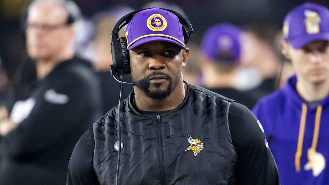 Jan 13, 2025; Glendale, AZ, USA; Minnesota Vikings defensive coordinator Brian Flores against the Los Angeles Rams during an NFC wild card game at State Farm Stadium. Mandatory Credit: Mark J. Rebilas-Imagn Images