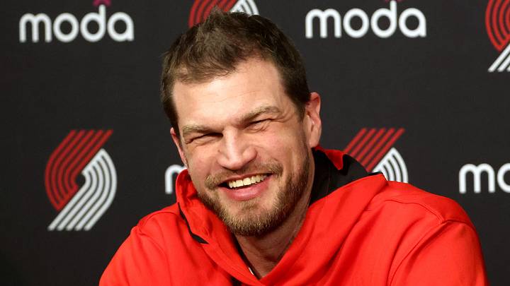 Feb 9, 2026; Portland, Oregon, USA; Portland Trail Blazers Interim Head Coach Tiago Splitter reacts during a press before the Traill Blazers play against Philadelphia 76ers at Moda Center. Mandatory Credit: Jaime Valdez-Imagn Images