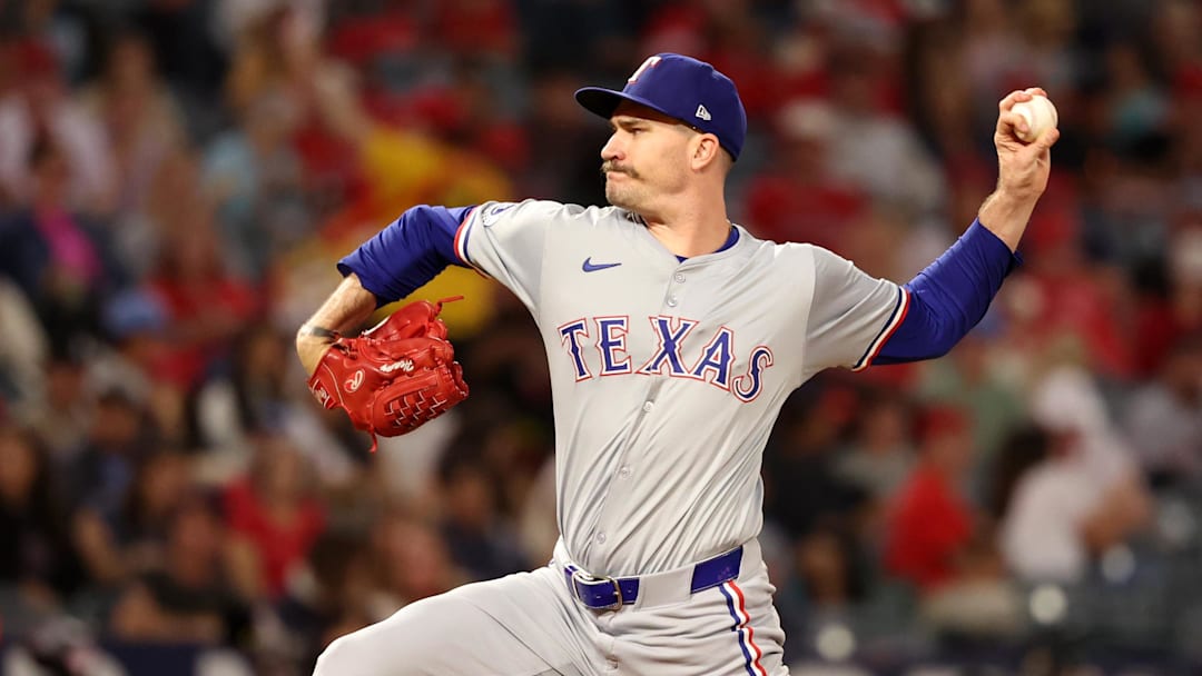 Sep 28, 2024; Anaheim, California, USA;  Texas Rangers starting pitcher Andrew Heaney (44) pitches during the first inning against the Los Angeles Angels at Angel Stadium. Mandatory Credit: Kiyoshi Mio-Imagn Images