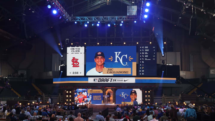 Jul 14, 2024; Ft. Worth, TX, USA; The Kansas City Royals draft  Jac Caglianone as the sixth pick during the first round of the MLB Draft at Cowtown Coliseum. Mandatory Credit: Kevin Jairaj-USA TODAY Sports