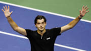 Taylor Fritz reacts after defeating Frances Tiafoe to reach the final of the 2024 US Open at Arthur Ashe Stadium on Friday night.