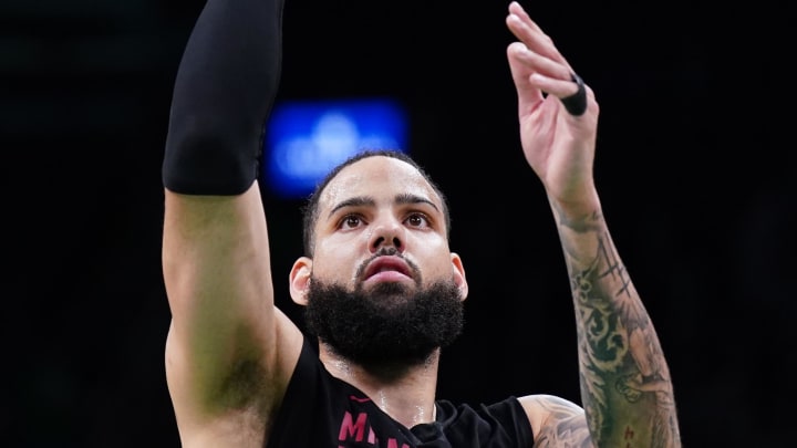 Apr 24, 2024; Boston, Massachusetts, USA; Miami Heat forward Caleb Martin (16) warms up before game two of the first round for the 2024 NBA playoffs against the Boston Celtics at TD Garden. Mandatory Credit: David Butler II-USA TODAY Sports