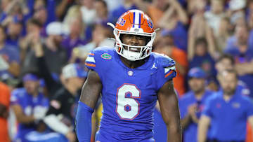 Nov 16, 2024; Gainesville, Florida, USA; Florida Gators linebacker Shemar James (6) celebrates after he sacked LSU Tigers quarterback Garrett Nussmeier (13) (not pictured) during the second half at Ben Hill Griffin Stadium. Mandatory Credit: Kim Klement Neitzel-Imagn Images
