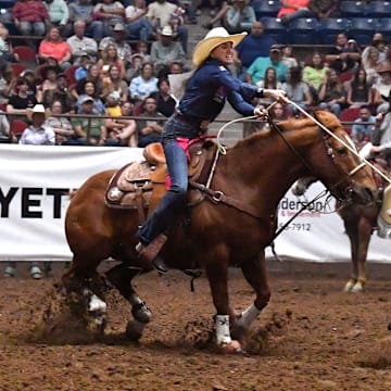 Kendal Pierson of Wardlow, Alberta, Canada, competes in Breakaway Roping during the San Angelo Rodeo Saturday April 6, 2024.