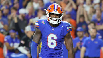 Nov 16, 2024; Gainesville, Florida, USA; Florida Gators linebacker Shemar James (6) celebrates after he sacked LSU Tigers quarterback Garrett Nussmeier (13) (not pictured) during the second half at Ben Hill Griffin Stadium. Mandatory Credit: Kim Klement Neitzel-Imagn Images