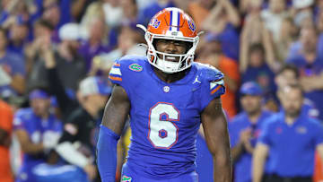Nov 16, 2024; Gainesville, Florida, USA; Florida Gators linebacker Shemar James (6) celebrates after he sacked LSU Tigers quarterback Garrett Nussmeier (13) (not pictured) during the second half at Ben Hill Griffin Stadium. Mandatory Credit: Kim Klement Neitzel-Imagn Images