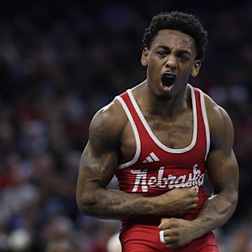 Mar 21, 2025; Philadelphia, PA, USA; Antrell Taylor of Nebraska reacts after defeating Meyer Shapiro of Cornell (not pictured) during the semifinals of the NCAA Wrestling Championships at Wells Fargo Center.