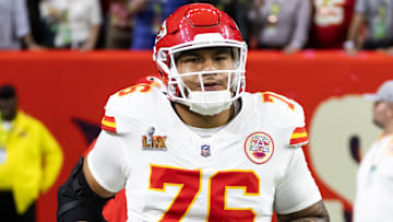 Feb 9, 2025; New Orleans, LA, USA;  Kansas City Chiefs offensive lineman Kingsley Suamataia (76) against the Philadelphia Eagles in Super Bowl LIX at Ceasars Superdome. Mandatory Credit: Mark J. Rebilas-Imagn Images