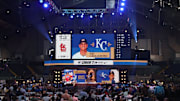 Jul 14, 2024; Ft. Worth, TX, USA; The Kansas City Royals draft  Jac Caglianone as the sixth pick during the first round of the MLB Draft at Cowtown Coliseum. Mandatory Credit: Kevin Jairaj-Imagn Images