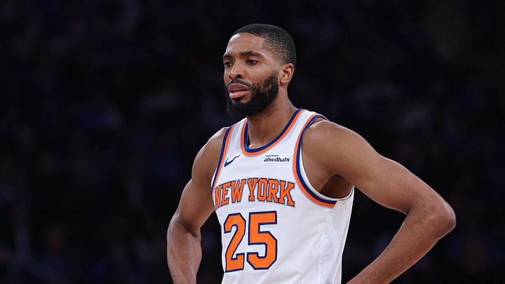 Apr 18, 2026; New York, New York, USA; New York Knicks guard Mikal Bridges (25) looks on during the first half of the 2026 NBA Playoffs against the Atlanta Hawks at Madison Square Garden. Mandatory Credit: Vincent Carchietta-Imagn Images