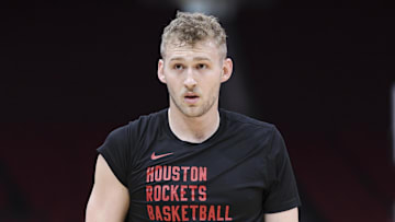 Mar 31, 2024; Houston, Texas, USA; Houston Rockets center Jock Landale (2) walks on the court before the game against the Dallas Mavericks at Toyota Center. Mandatory Credit: Troy Taormina-Imagn Images