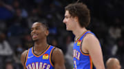 Dec 20, 2021; Memphis, Tennessee, USA; Oklahoma City Thunder guard Shai Gilgeous-Alexander (2) and Oklahoma City Thunder guard Josh Giddey (3) react during the second half against the Memphis Grizzlies at FedExForum. Mandatory Credit: Justin Ford-Imagn Images