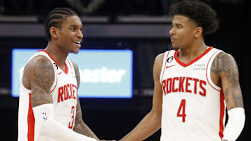 Former Houston Rockets guard Kevin Porter Jr. (3) reacts with guard Jalen Green (4) during the second half against the Memphis Grizzlies at FedExForum.