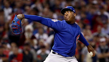 Aroldis Chapman pitches in the ninth inning of the 2016 World Series for the Chicago Cubs.