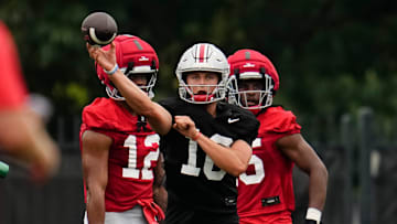 Ohio State Buckeyes quarterback Julian Sayin (10) throws during the first football practice of the season at the Woody Hayes Athletic Center on July 31, 2025.