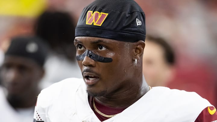 Sep 29, 2024; Glendale, Arizona, USA; Washington Commanders wide receiver Terry McLaurin (17) against the Arizona Cardinals at State Farm Stadium. Mandatory Credit: Mark J. Rebilas-Imagn Images