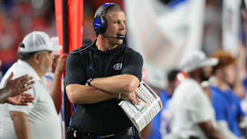 Sep 20, 2025; Miami Gardens, Florida, USA; Florida Gators head coach Billy Napier watches from the sideline against the Miami Hurricanes during the third quarter at Hard Rock Stadium. Mandatory Credit: Sam Navarro-Imagn Images
