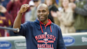Oct 4, 2015; Minneapolis, MN, USA;  Minnesota Twins right fielder Torii Hunter (48) salutes the fans during a video of his season accomplishments during the seventh inning stretch against the Kansas City Royals at Target Field.  The Royals win 6-1 over the Twins.  Mandatory Credit: Marilyn Indahl-Imagn Images