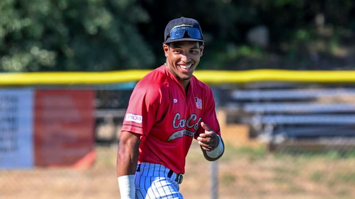 Brewster centerfielder Josiah Ragsdale is joined by young fans taking the field before the game with Wareham. Cape League baseball
June 27 2025