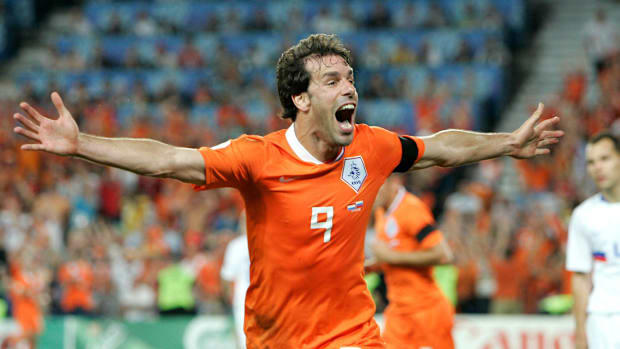 Netherlands forward Ruud van Nistelrooy celebrates a goal against Russia.