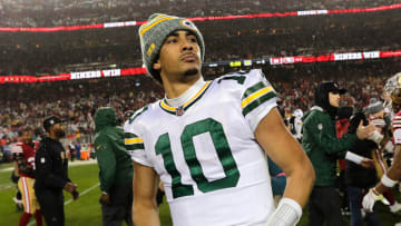 Green Bay Packers quarterback Jordan Love (10) leaves the field after losing to the San Francisco