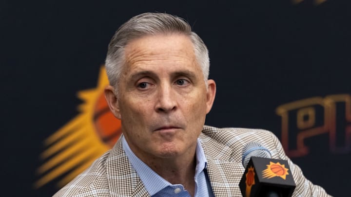 Jun 10, 2025; Scottsdale, AZ, USA; Phoenix Suns general manager Brian Gregory during an introductory press conference at the Verizon 5g Performance Center. Mandatory Credit: Mark J. Rebilas-Imagn Images