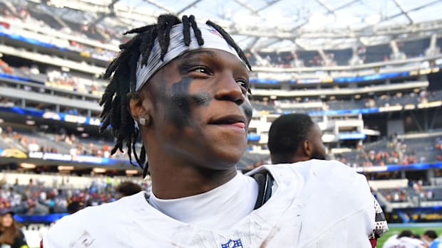 Washington Commanders running back Jacory Croskey-Merritt celebrates after the game against the Los Angeles Chargers