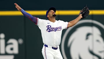 Aug 6, 2025; Arlington, Texas, USA; Texas Rangers second baseman Marcus Semien (2) calls for a pop up during the first inning against the New York Yankees at Globe Life Field