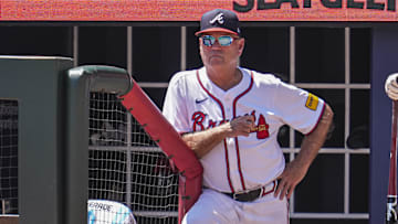 Aug 25, 2024; Cumberland, Georgia, USA; Atlanta Braves manager Brian Snitker (43) shown in the dugout during the game against the Washington Nationals during the ninth inning at Truist Park. Mandatory Credit: Dale Zanine-Imagn Images