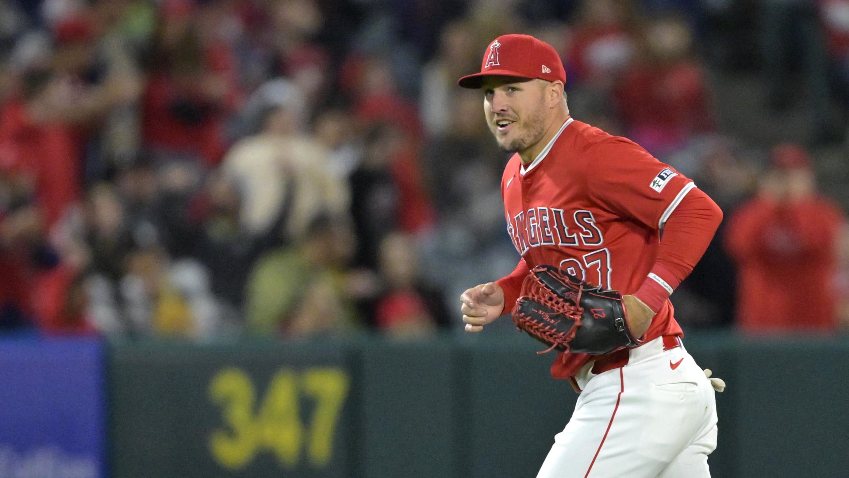 Apr 6, 2024; Anaheim, California, USA; Los Angeles Angels outfielder Mike Trout (27) against the Boston Red Sox.
