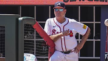 Aug 25, 2024; Cumberland, Georgia, USA; Atlanta Braves manager Brian Snitker (43) shown in the dugout during the game against the Washington Nationals during the ninth inning at Truist Park. Mandatory Credit: Dale Zanine-Imagn Images