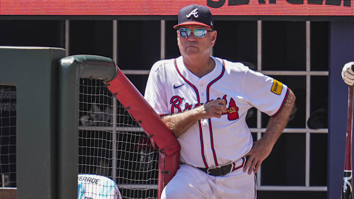 Aug 25, 2024; Cumberland, Georgia, USA; Atlanta Braves manager Brian Snitker (43) shown in the dugout during the game against the Washington Nationals during the ninth inning at Truist Park. Mandatory Credit: Dale Zanine-Imagn Images