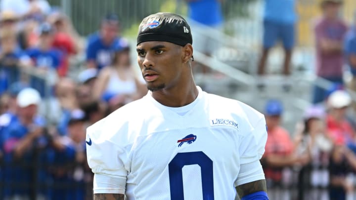 Jul 24, 2024; Rochester, NY, USA; Buffalo Bills wide receiver Keon Coleman (0) during training camp at St. John Fisher University. Mandatory Credit: Mark Konezny-USA TODAY Sports