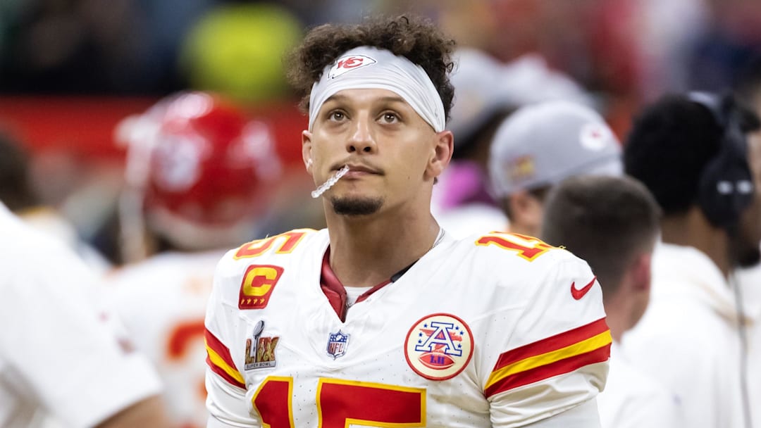 Feb 9, 2025; New Orleans, LA, USA;  Kansas City Chiefs quarterback Patrick Mahomes (15) reacts against the Philadelphia Eagles in Super Bowl LIX at Ceasars Superdome. Mandatory Credit: Mark J. Rebilas-Imagn Images
