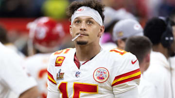 Feb 9, 2025; New Orleans, LA, USA;  Kansas City Chiefs quarterback Patrick Mahomes (15) reacts against the Philadelphia Eagles in Super Bowl LIX at Ceasars Superdome. Mandatory Credit: Mark J. Rebilas-Imagn Images