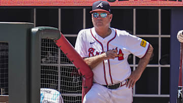 Atlanta Braves manager Brian Snitker (43) shown in the dugout during the game against the Washington Nationals during the ninth inning at Truist Park.